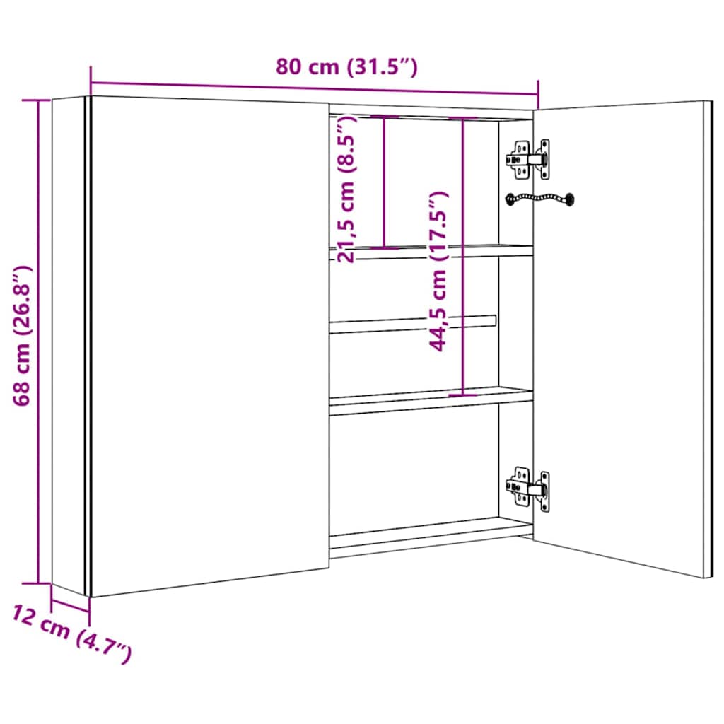 Tükrös fürdőszobaszekrény LED világítással 80 x 12,2 x 68 cm 9