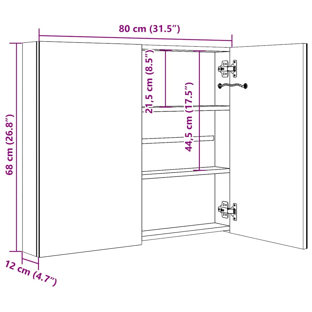 Fényes fekete LED-es tükrös fürdőszobaszekrény 80 x 12 x 68 cm 8