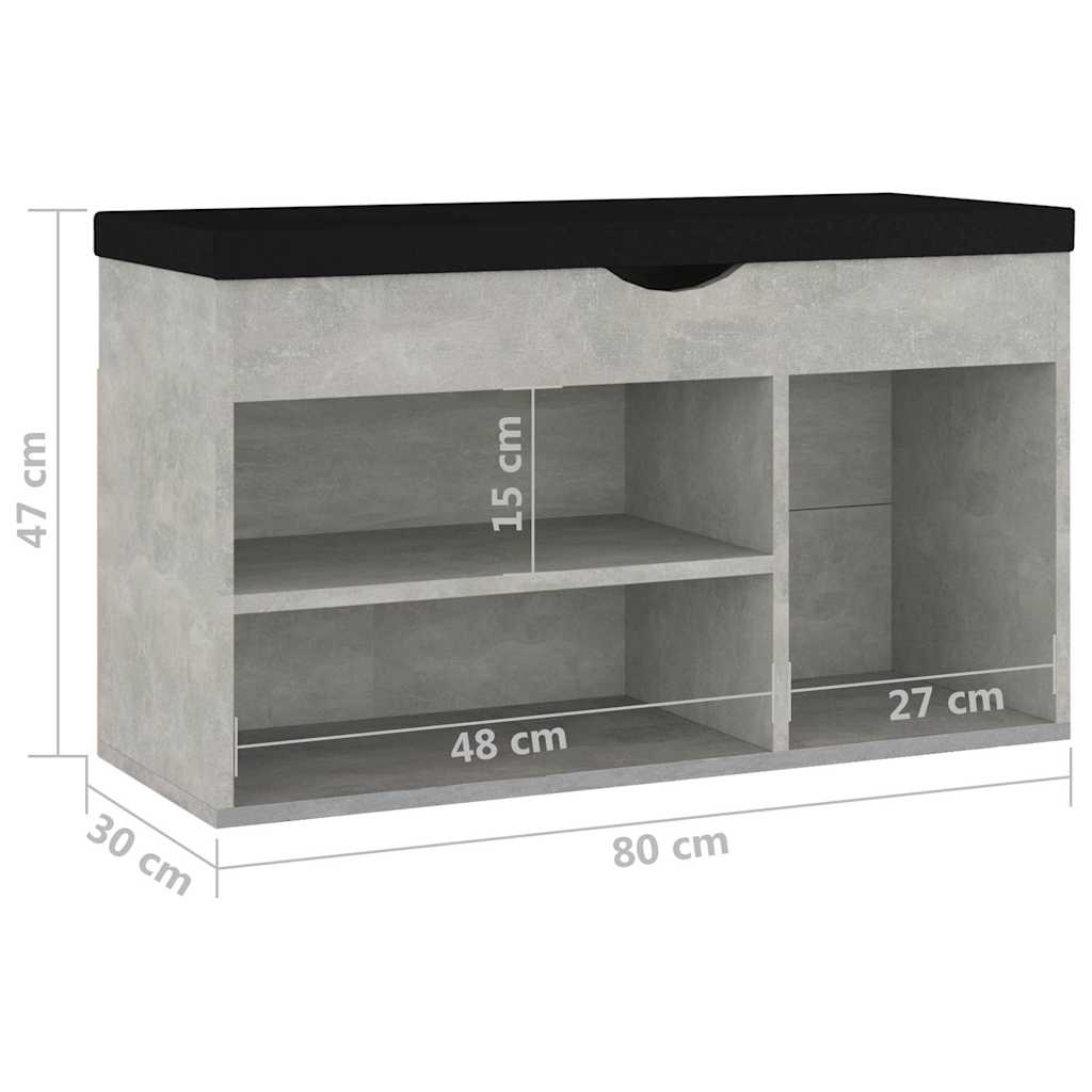 Betonszürke szerelt fa cipőtároló pad párnával 80 x 30 x 47 cm 8