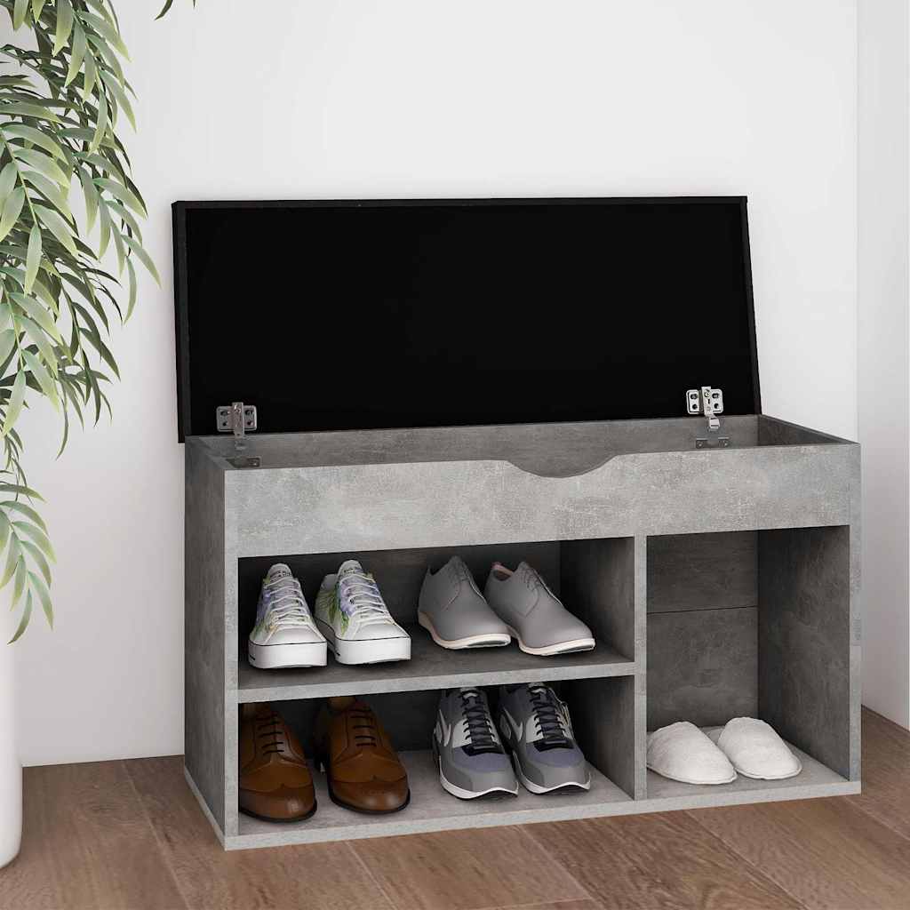 Betonszürke szerelt fa cipőtároló pad párnával 80 x 30 x 47 cm