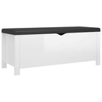 Magasfényű fehér szerelt fa tárolódoboz párnával 105x40x45 cm 2