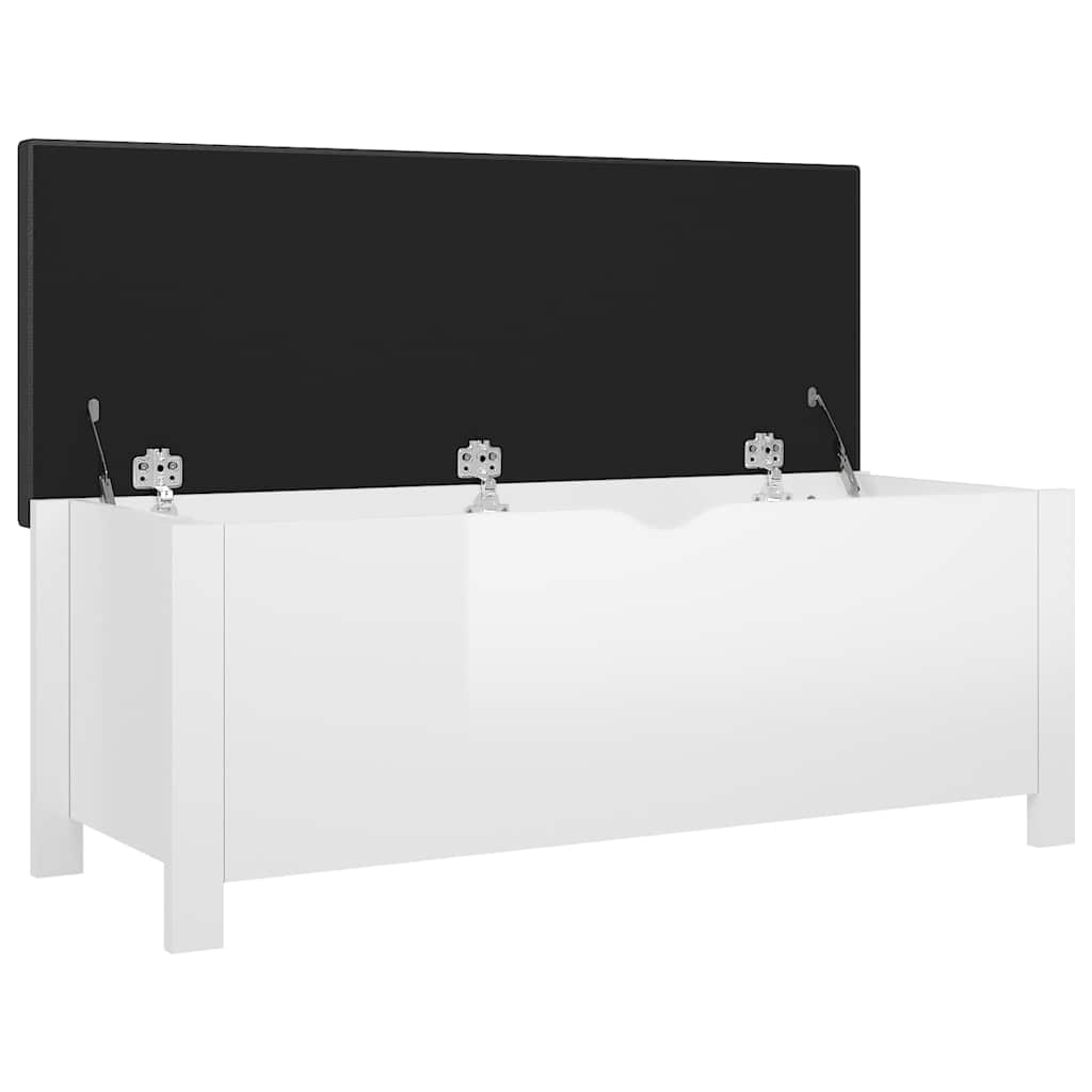 Magasfényű fehér szerelt fa tárolódoboz párnával 105x40x45 cm 4