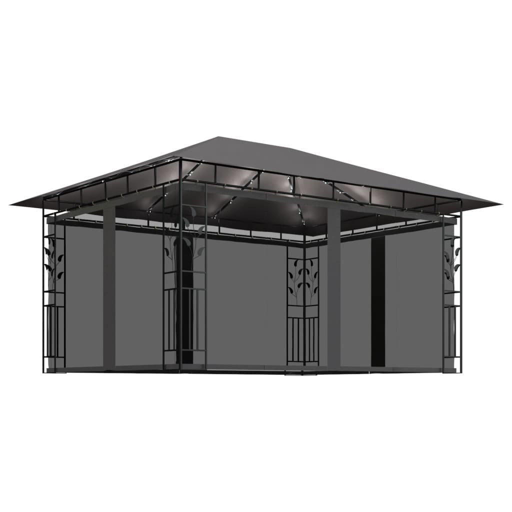 Antracit pavilon szúnyoghálóval/LED fényfüzérrel 4 x 3 x 2,73 m 2