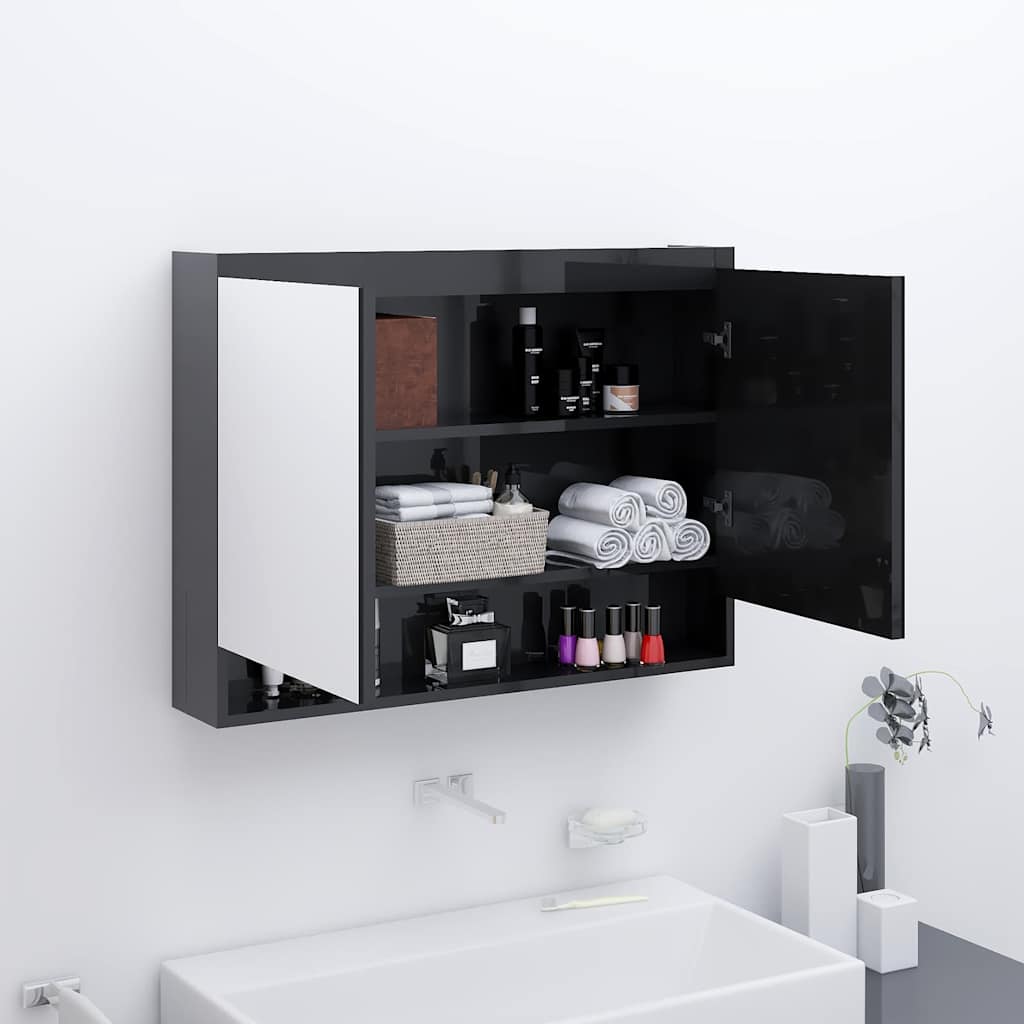 Fényes fekete MDF tükrös fürdőszobaszekrény 80 x 15 x 60 cm