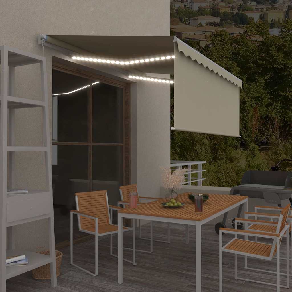 Krémszínű LED-es kézzel kihúzható napellenző redőnnyel 3x2,5 m