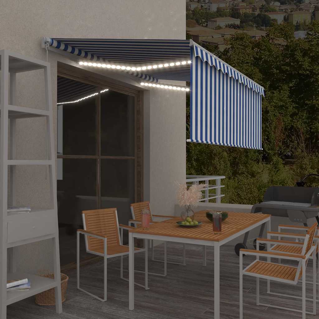 Kék és fehér kihúzható LED-es napellenző redőnnyel 3,5 x 2,5 m