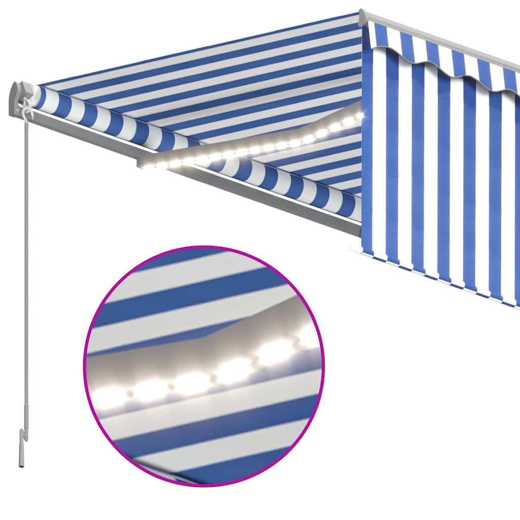 Kék és fehér LED-es kézzel kihúzható napellenző redőnnyel 4x3 m 4