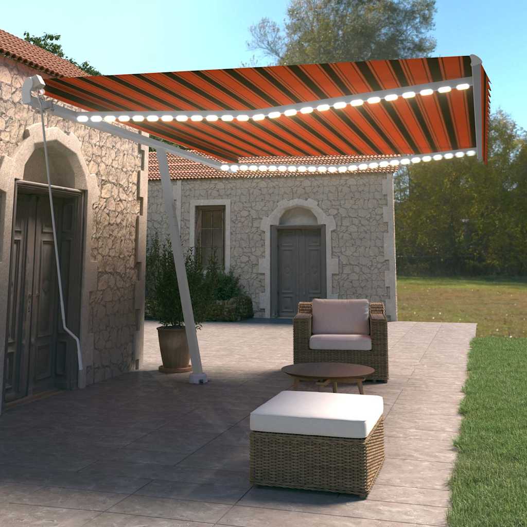 Narancs és barna kézzel kihúzható LED-es napellenző 500x350 cm