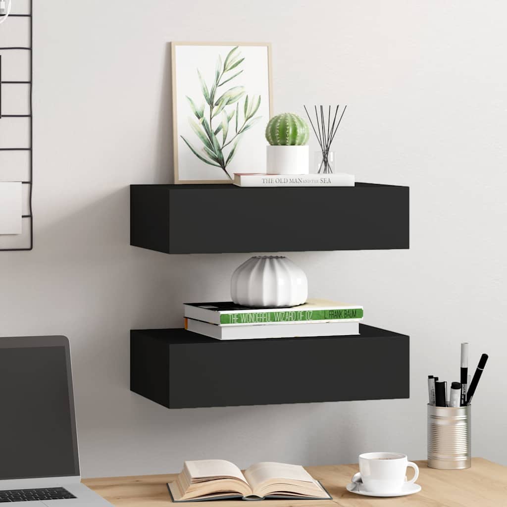 2 db fekete MDF falra szerelhető fiókos polc 40 x 23,5 x 10 cm 3