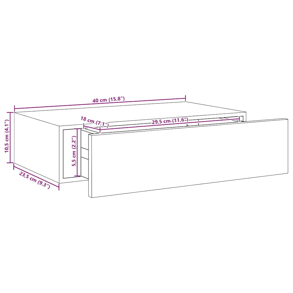 2 db fekete MDF falra szerelhető fiókos polc 40 x 23,5 x 10 cm 12