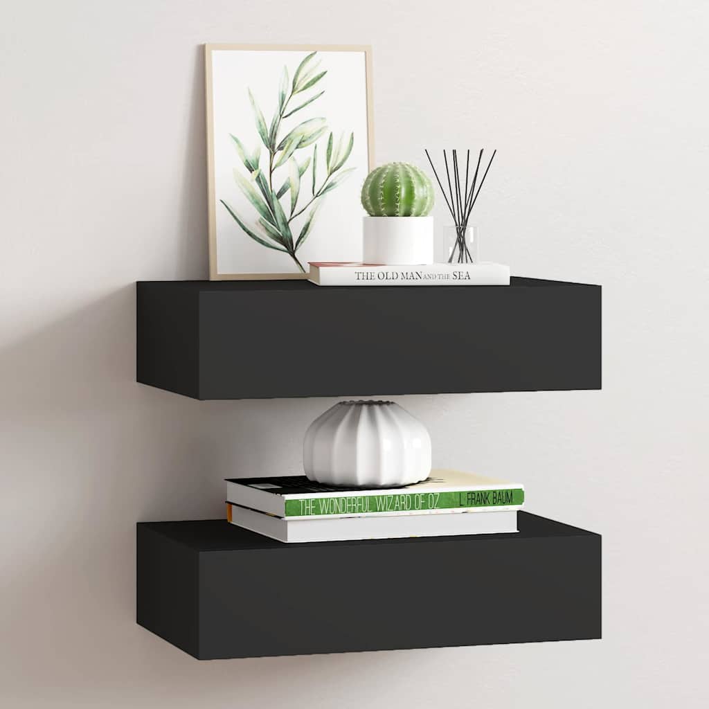 2 db fekete MDF falra szerelhető fiókos polc 40 x 23,5 x 10 cm