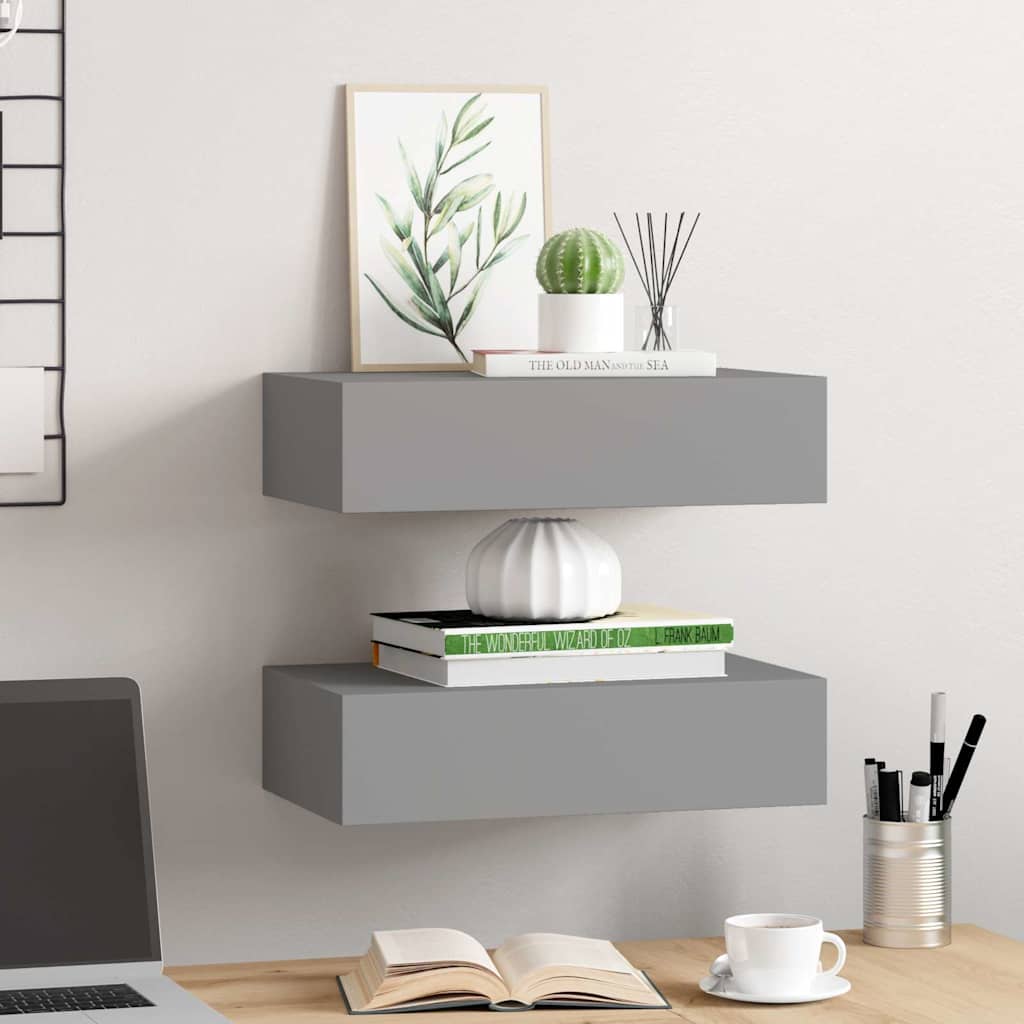 2 db szürke MDF falra szerelhető fiókos polc 40 x 23,5 x 10 cm 3