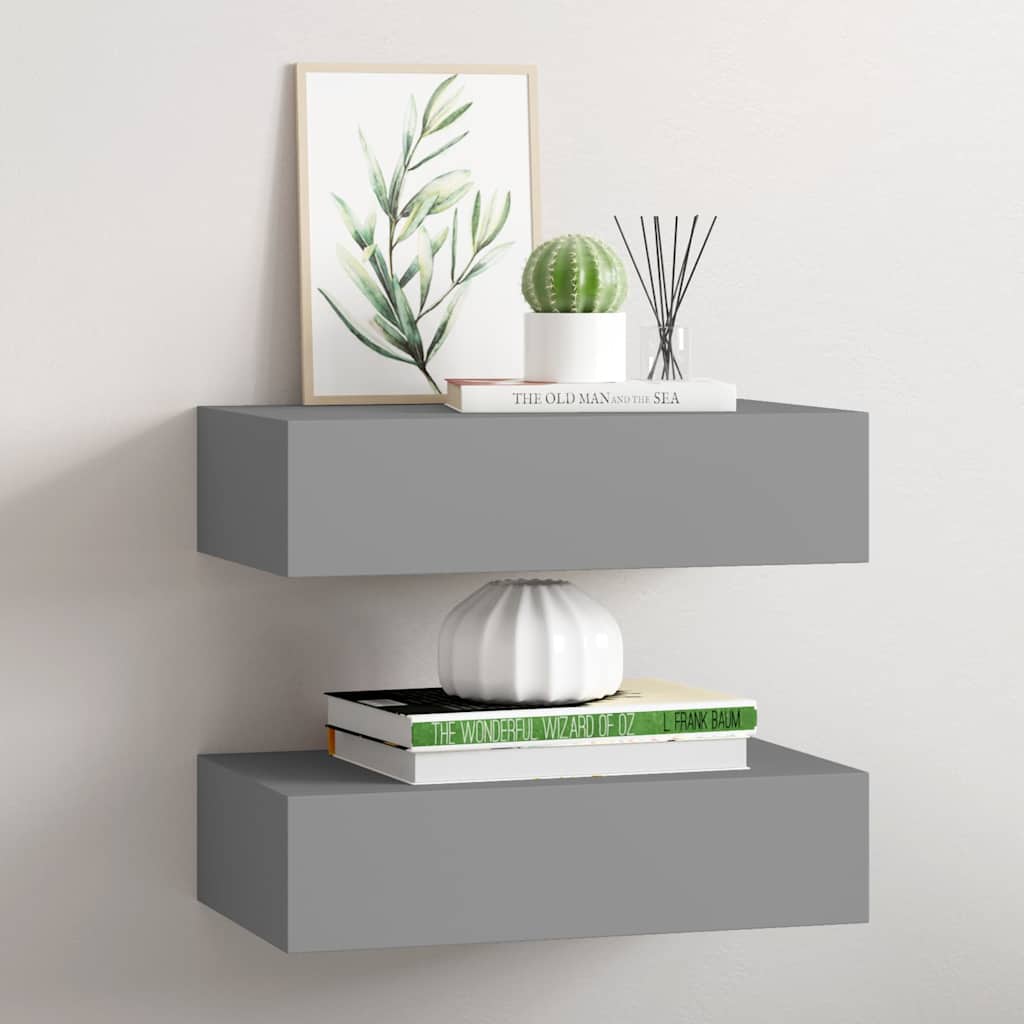 2 db szürke MDF falra szerelhető fiókos polc 40 x 23,5 x 10 cm