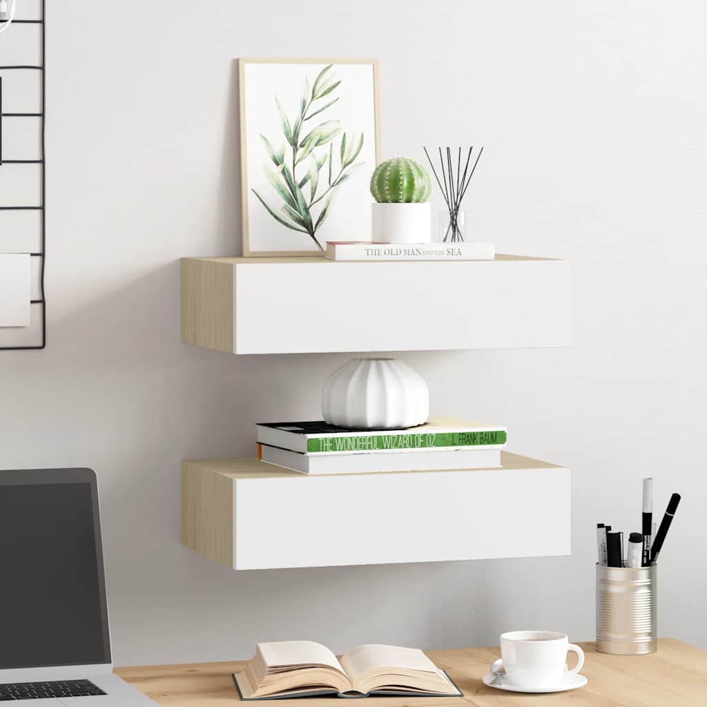 2 db tölgyszínű és fehér MDF fiókos fali polc 40 x 23,5 x 10 cm 3