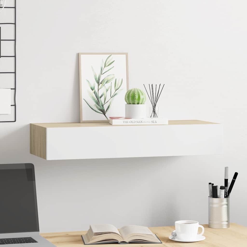 Falra szerelhető fiókos polc tölgyfa és fehér színben 60 x 23,5 x 10 cm MDF 3