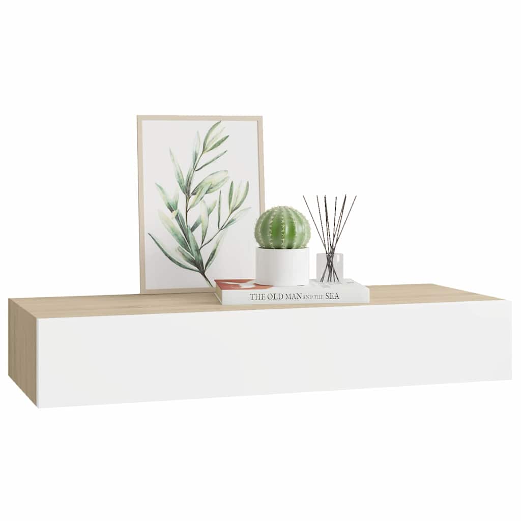 Falra szerelhető fiókos polc tölgyfa és fehér színben 60 x 23,5 x 10 cm MDF 4