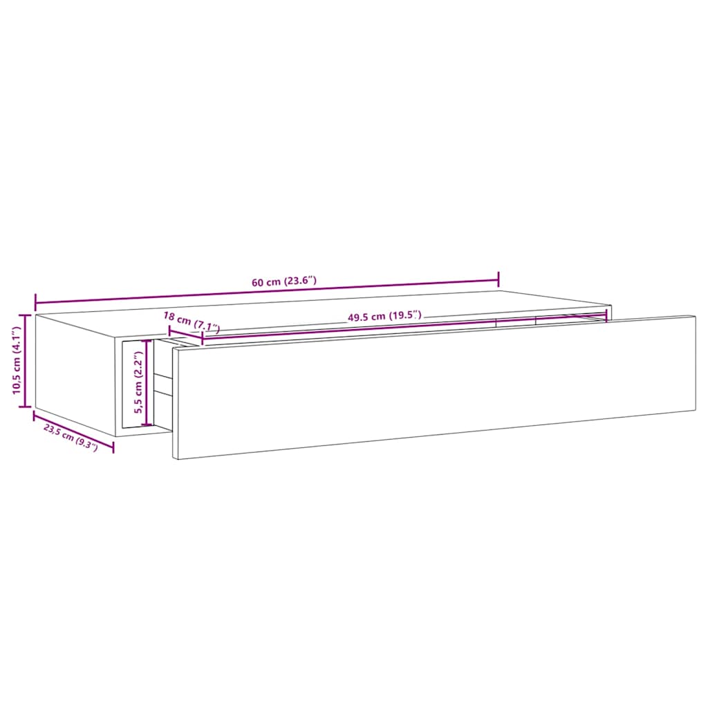 Betonszürke MDF falra szerelhető fiókos polc 60 x 23,5 x 10 cm 11