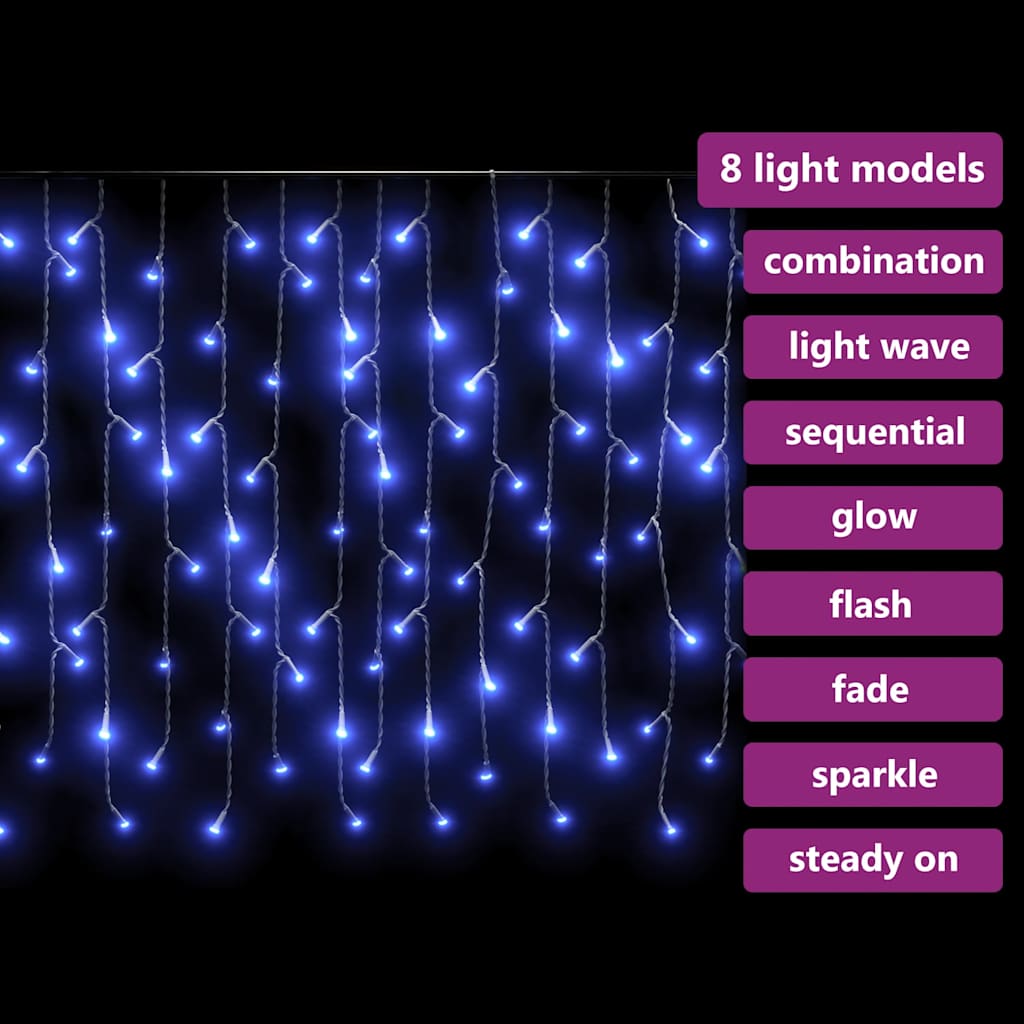 8 funkciós kék LED-es jégcsapfényfüggöny 400 LED-del 10 m 8