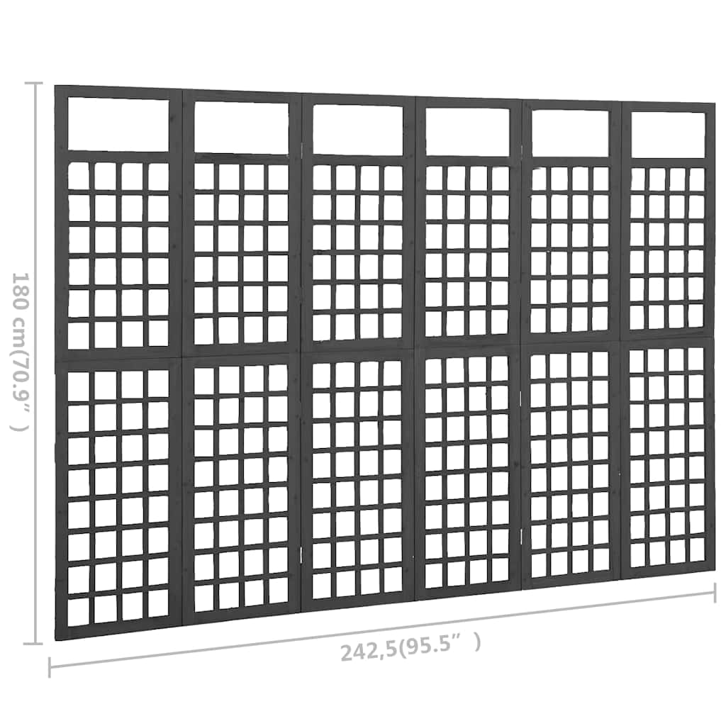 6 paneles fekete fenyőfa térelválasztó/lugasrács 242,5 x 180 cm 6