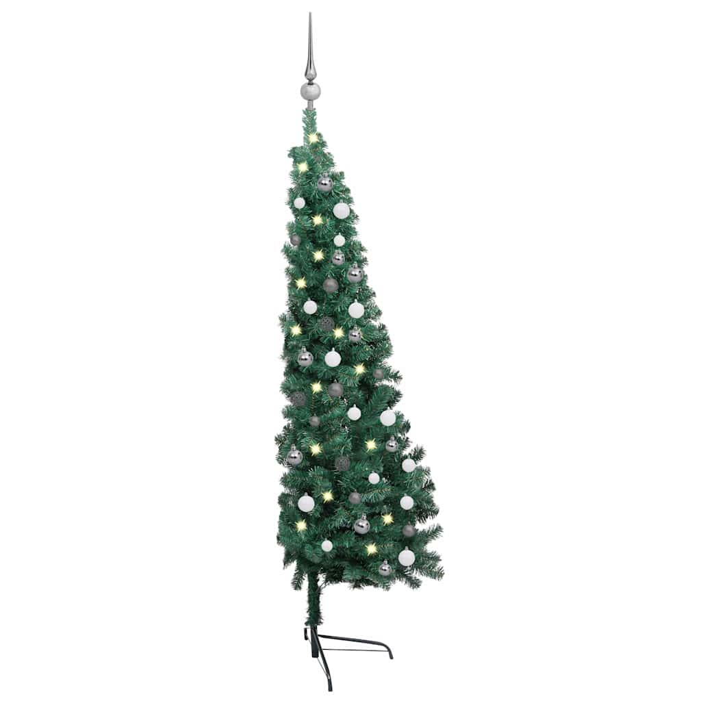 Zöld megvilágított fél műkarácsonyfa gömb szettel 120 cm 5