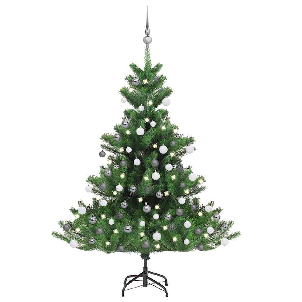 Zöld nordmann műfenyő LED-fényekkel és gömbszettel 120 cm