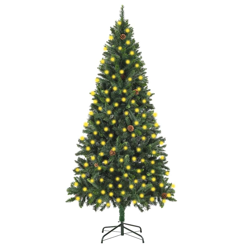 Zöld megvilágított műkarácsonyfa gömb szettel/tobozzal 210 cm