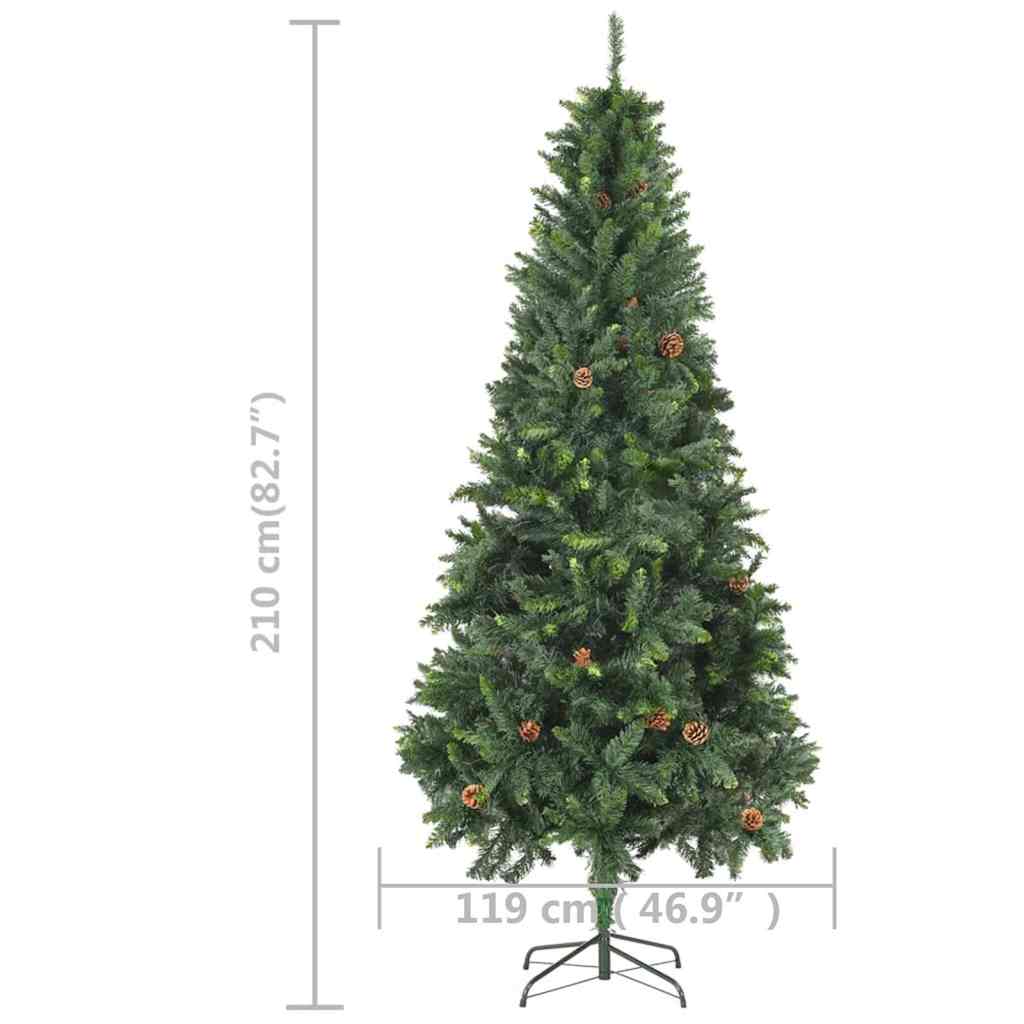 Zöld megvilágított műkarácsonyfa gömb szettel/tobozzal 210 cm 11