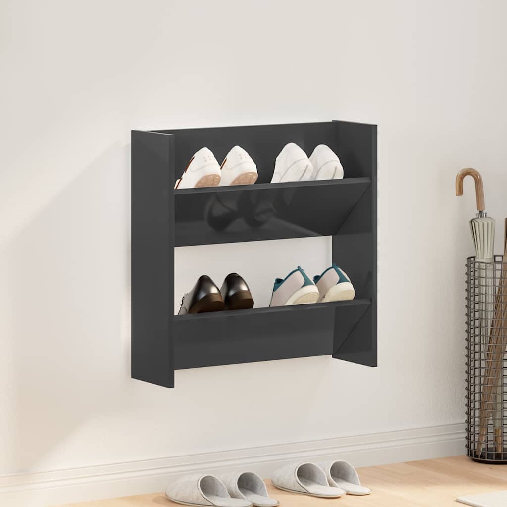Magasfényű szürke szerelt fa fali cipősszekrény 60 x 18 x 60 cm