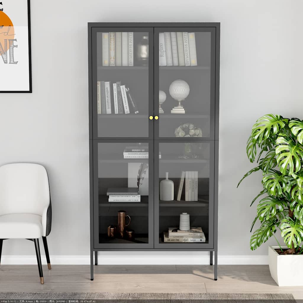 Antracitszürke acél és edzett üveg vitrin 90 x 40 x 180 cm 3