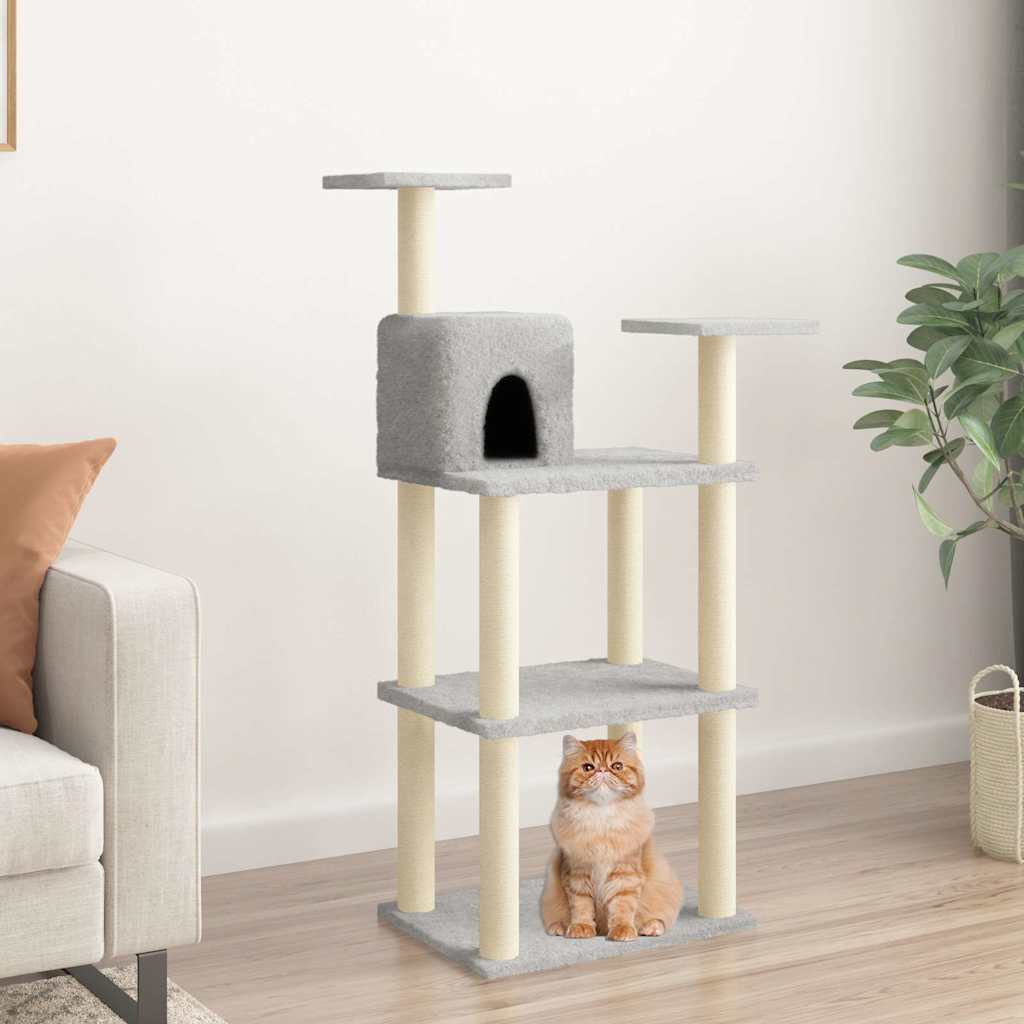 Világosszürke macskabútor szizál kaparófákkal 118,5 cm