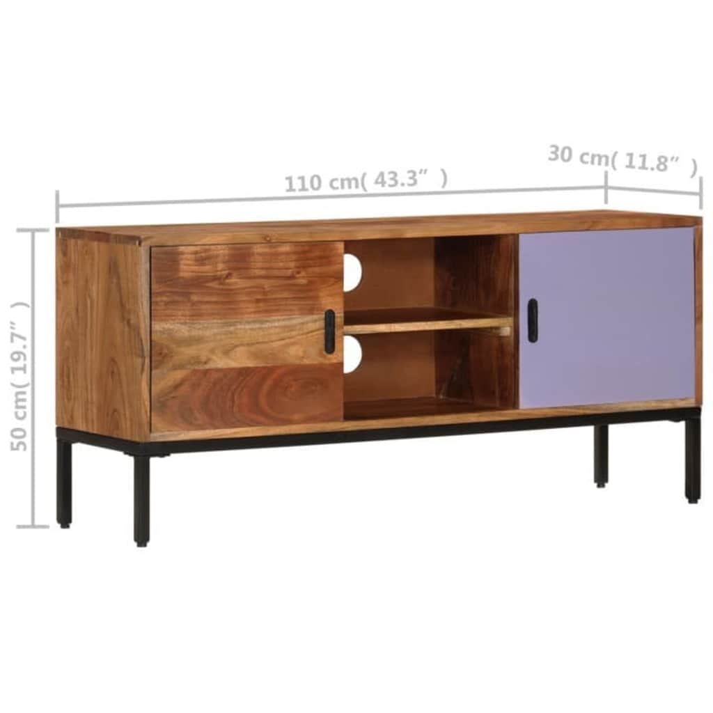 Mézbarna és szürke tömör akácfa TV-szekrény 110 x 30 x 50 cm 9