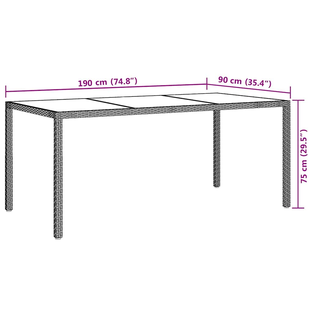 Szürke polyrattan és edzett üveg kerti asztal 190 x 90 x 75 cm 7