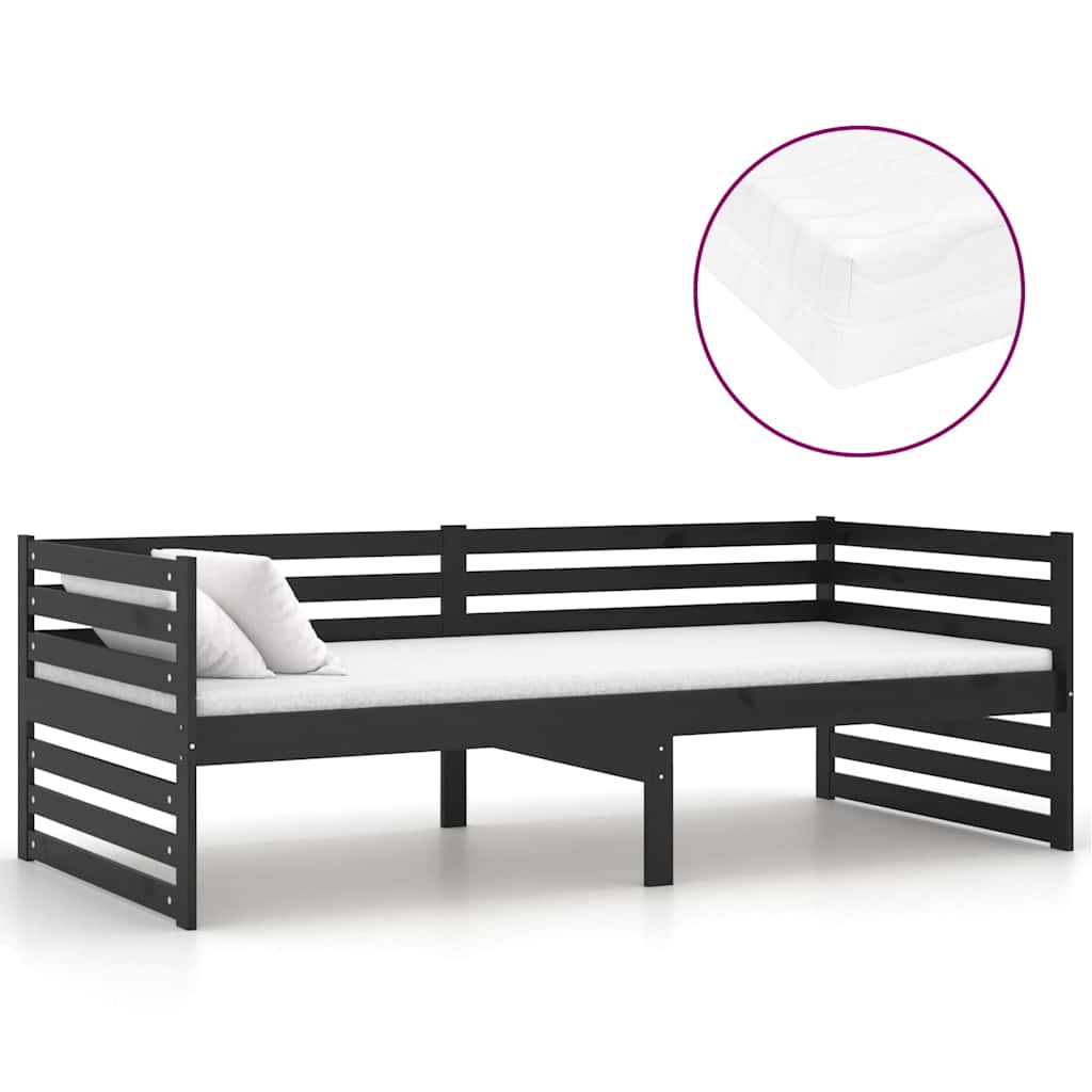 Fekete tömör fenyőfa dívány matraccal 90 x 200 cm 2