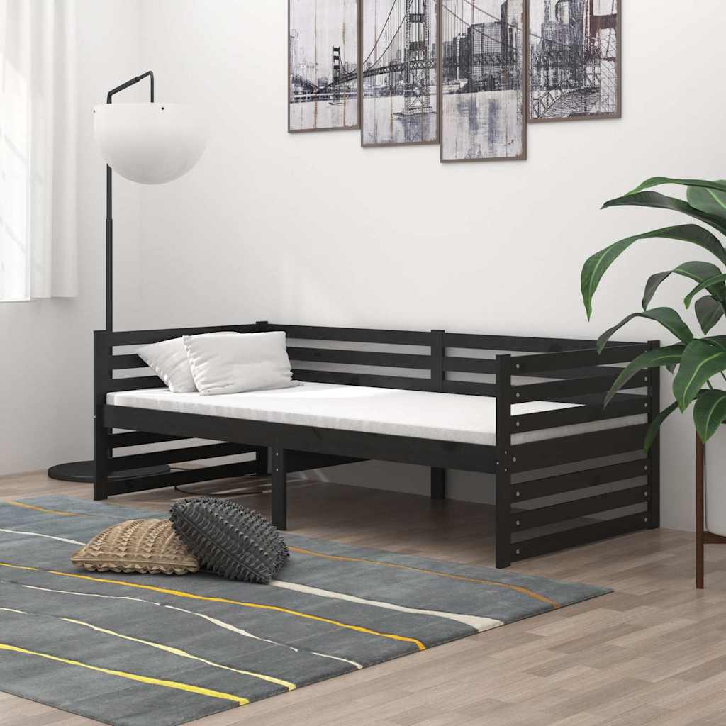 Fekete tömör fenyőfa dívány matraccal 90 x 200 cm