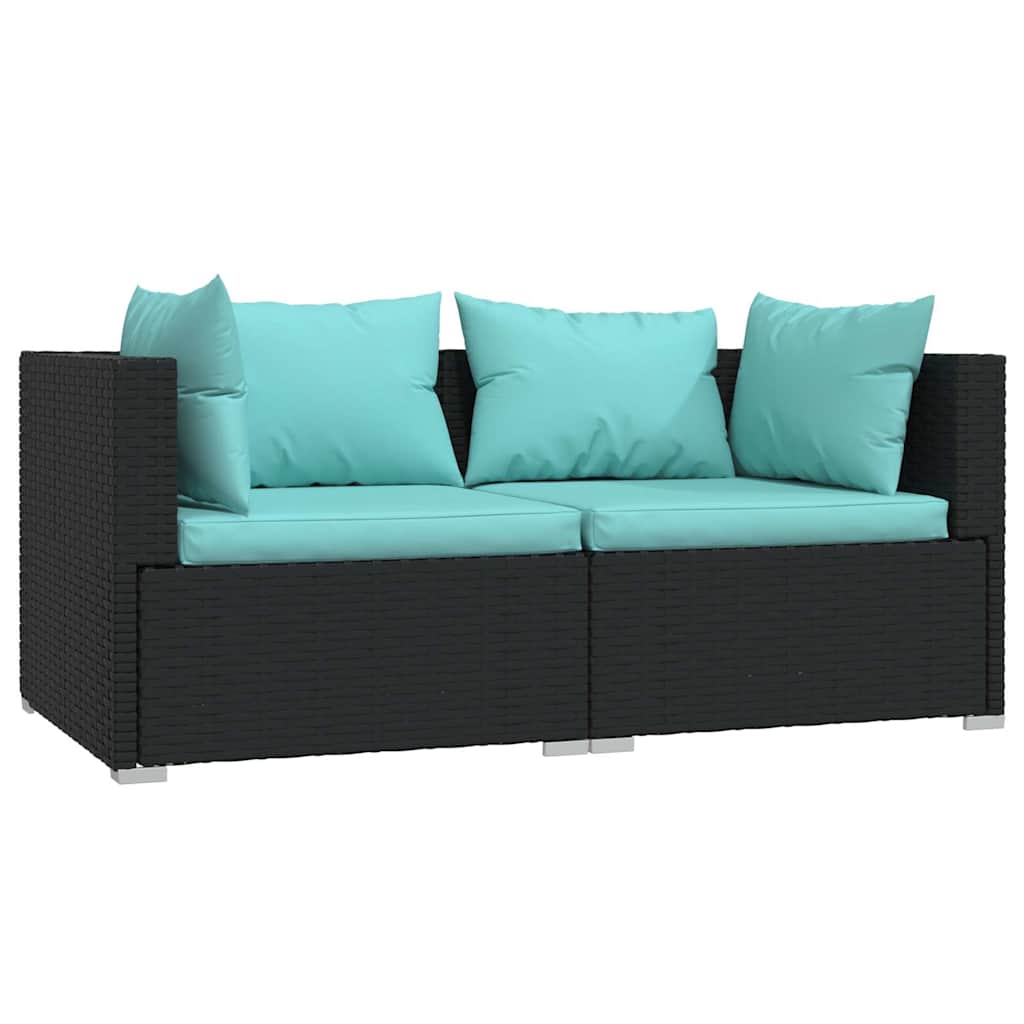 Fekete kétszemélyes polyrattan kanapé párnákkal 2