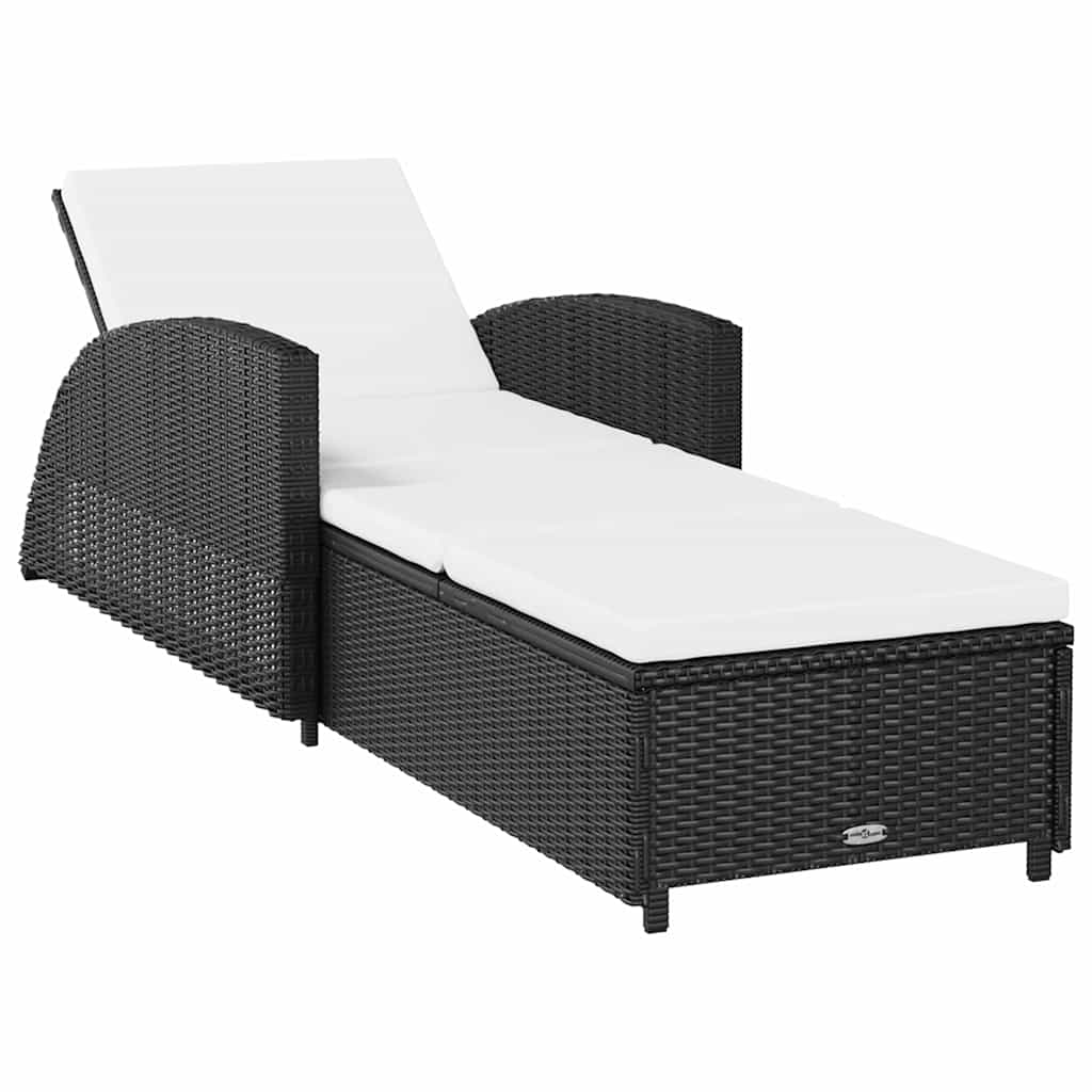 Fekete polyrattan napozóágy krémfehér párnával 2