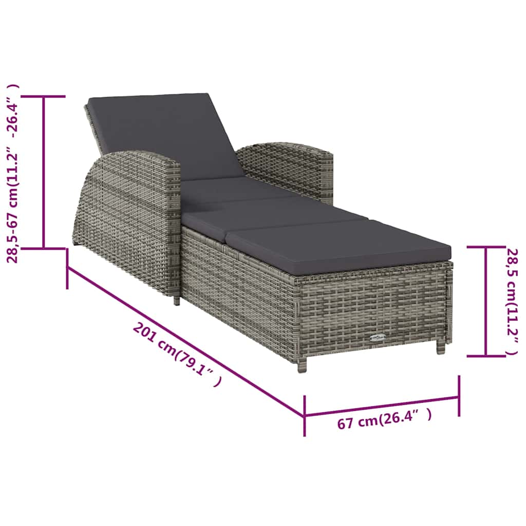 Szürke polyrattan napozóágy sötétszürke párnával 9