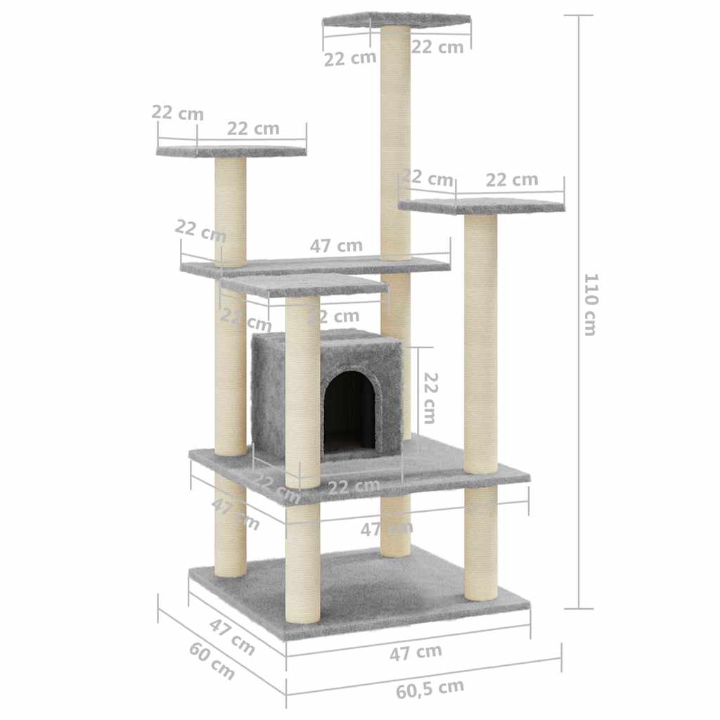 Világosszürke macskabútor szizál kaparófákkal 110 cm 8