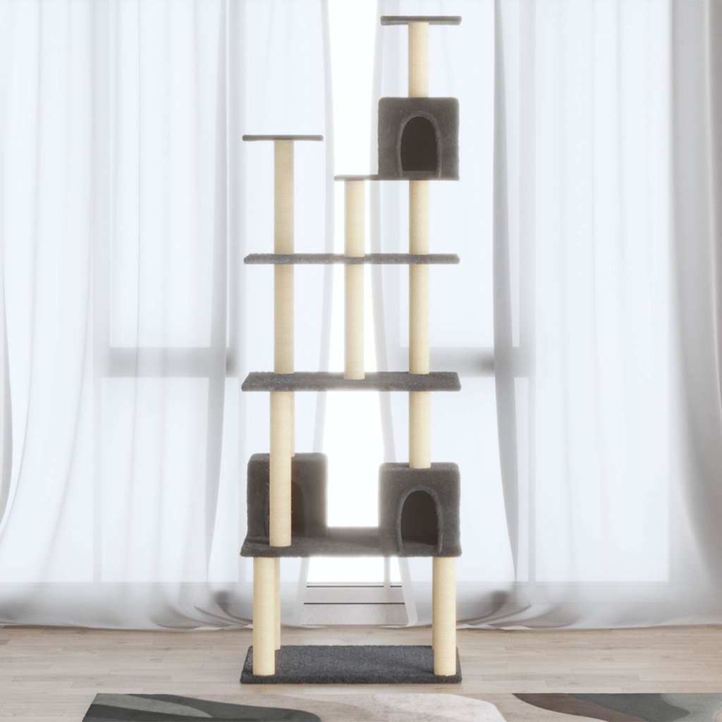Sötétszürke macskabútor szizál kaparófákkal 188 cm