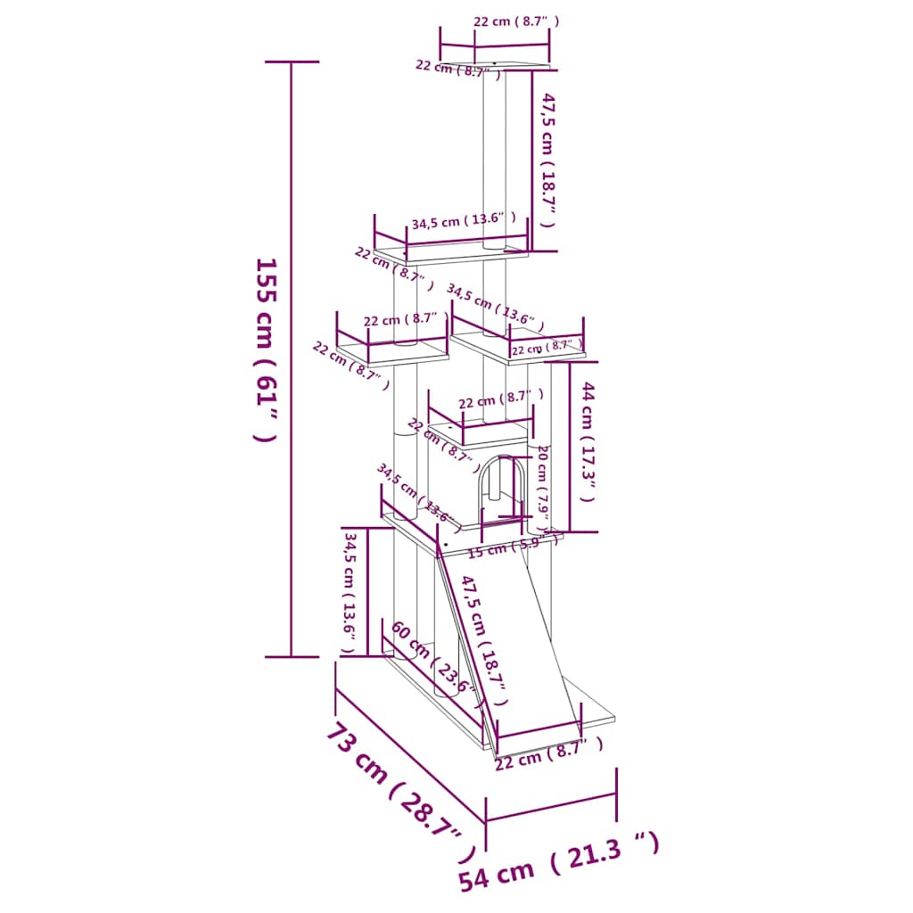 Sötétszürke macskabútor szizál kaparófákkal 155 cm 9
