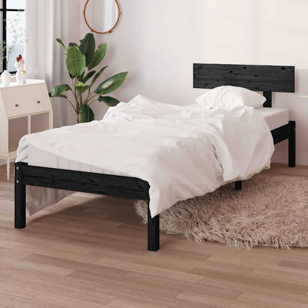 Fekete tömör fenyőfa ágykeret 90 x 200 cm