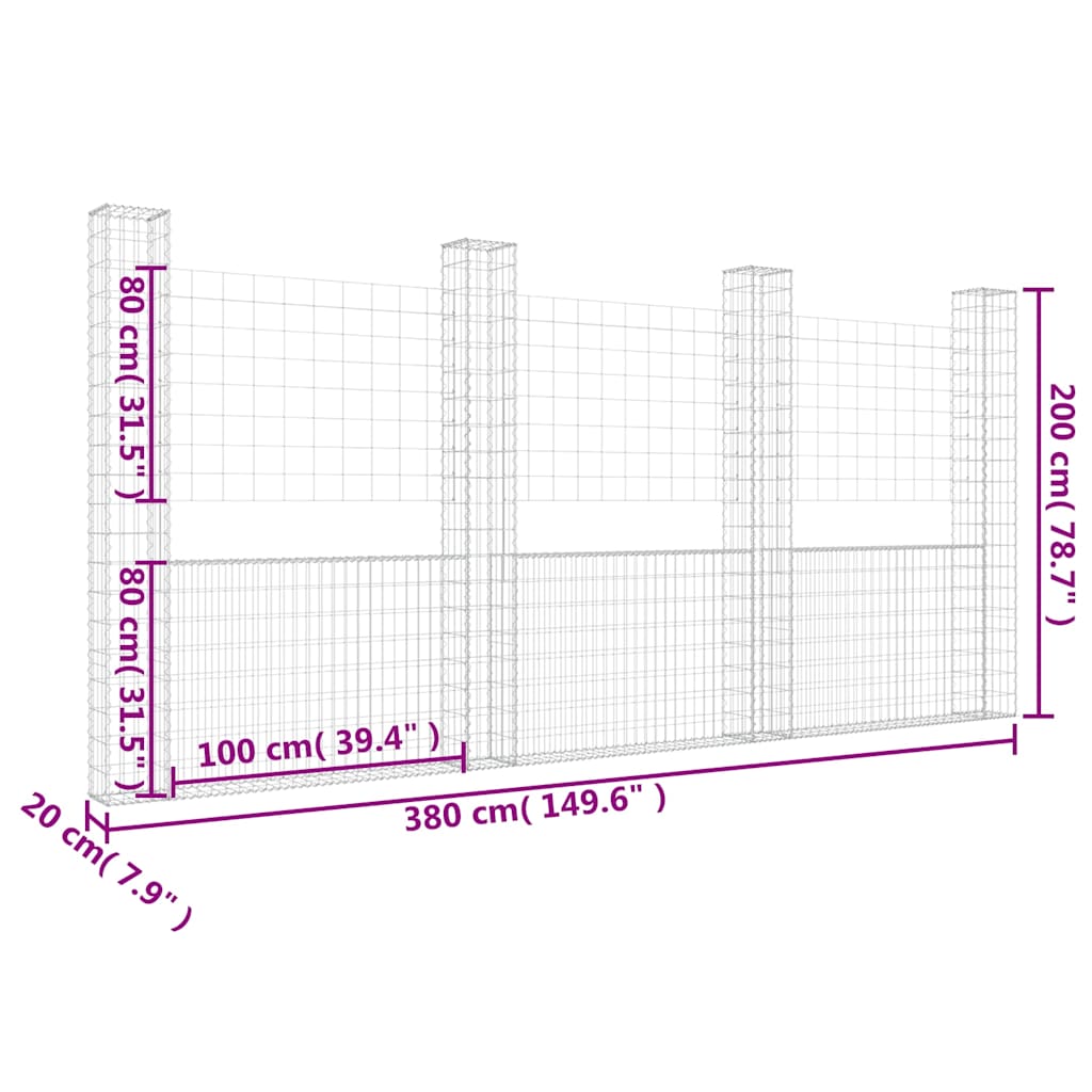 U-alakú vas gabionkosár 4 oszloppal 380 x 20 x 200 cm 6