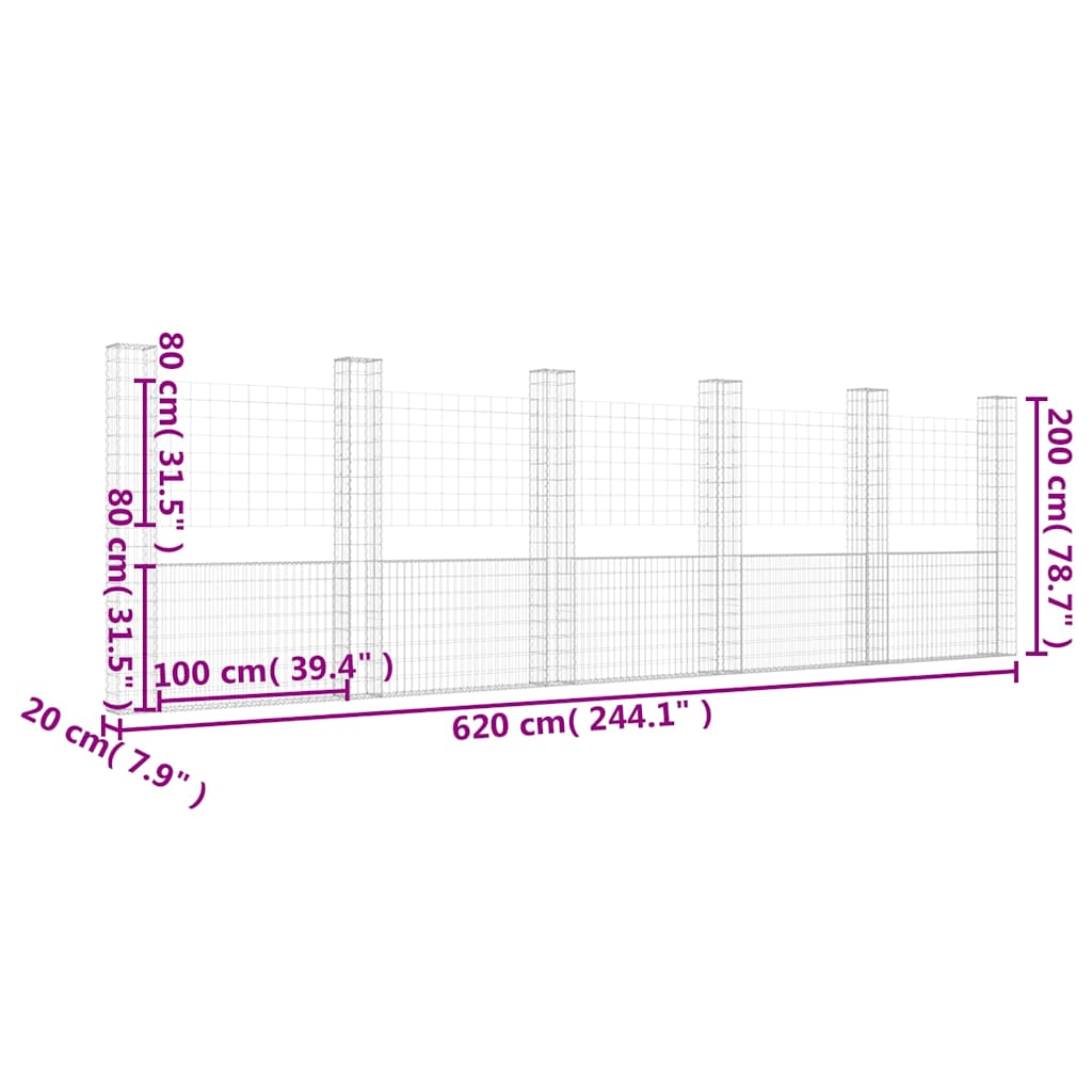 U-alakú vas gabionkosár 6 oszloppal 620 x 20 x 200 cm 6