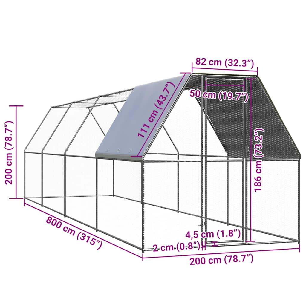 Kültéri horganyzott acél tyúkól 2 x 8 x 2 m 5