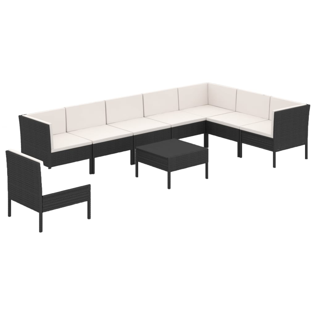 9 részes fekete polyrattan kerti ülőgarnitúra párnákkal 2