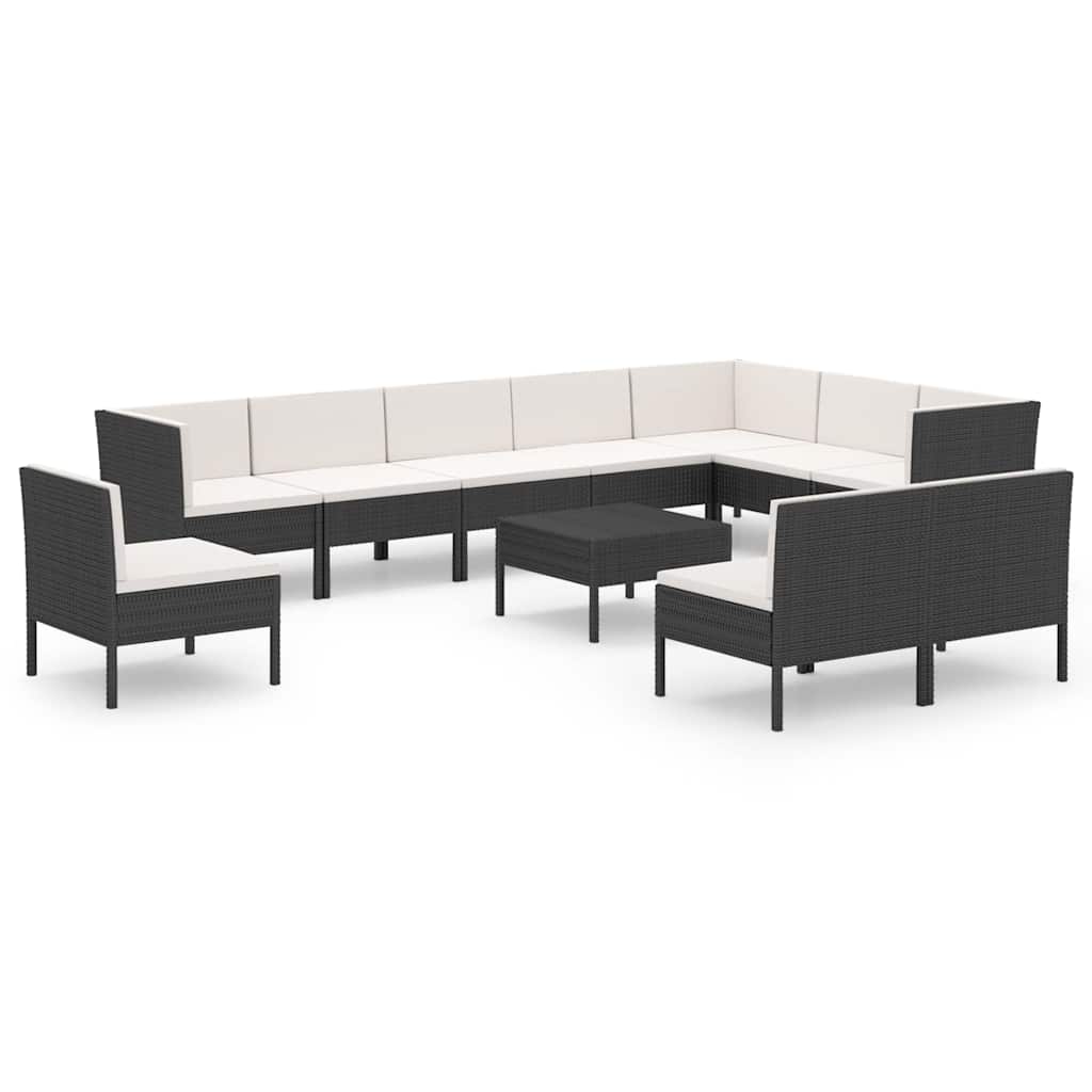 11 részes fekete polyrattan kerti ülőgarnitúra párnákkal 2