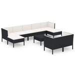 10 részes fekete polyrattan kerti ülőgarnitúra párnákkal 2