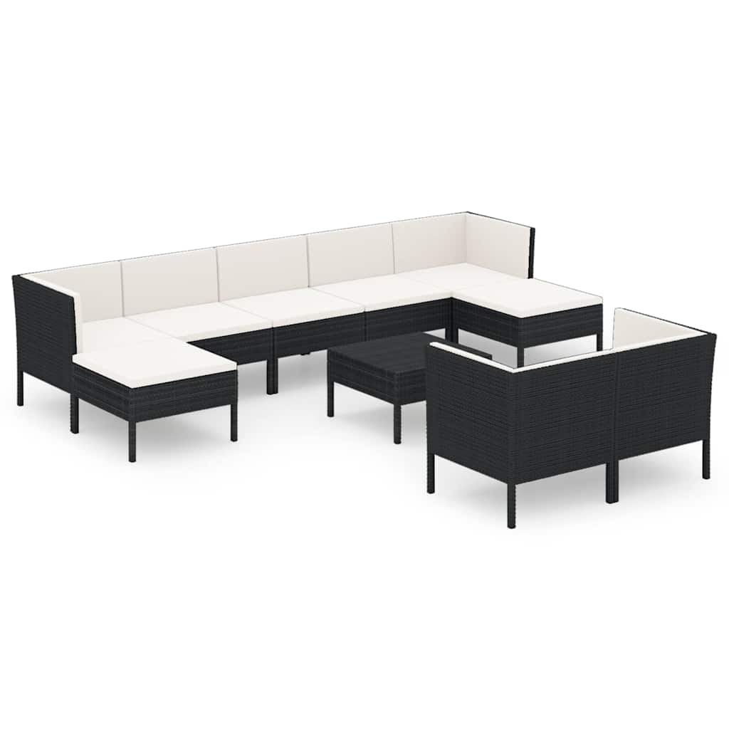 10 részes fekete polyrattan kerti ülőgarnitúra párnákkal 2