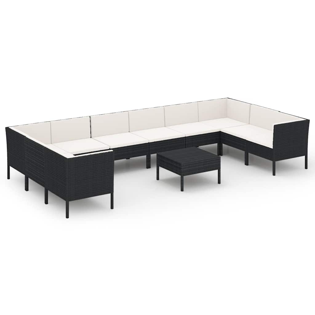 11 részes fekete polyrattan kerti ülőgarnitúra párnákkal 2