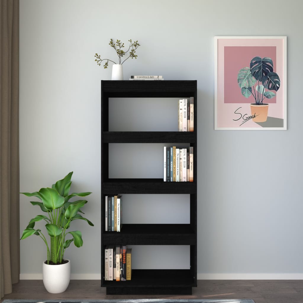 Fekete tömör fenyőfa könyvszekrény/térelválasztó 60x35x135 cm 3
